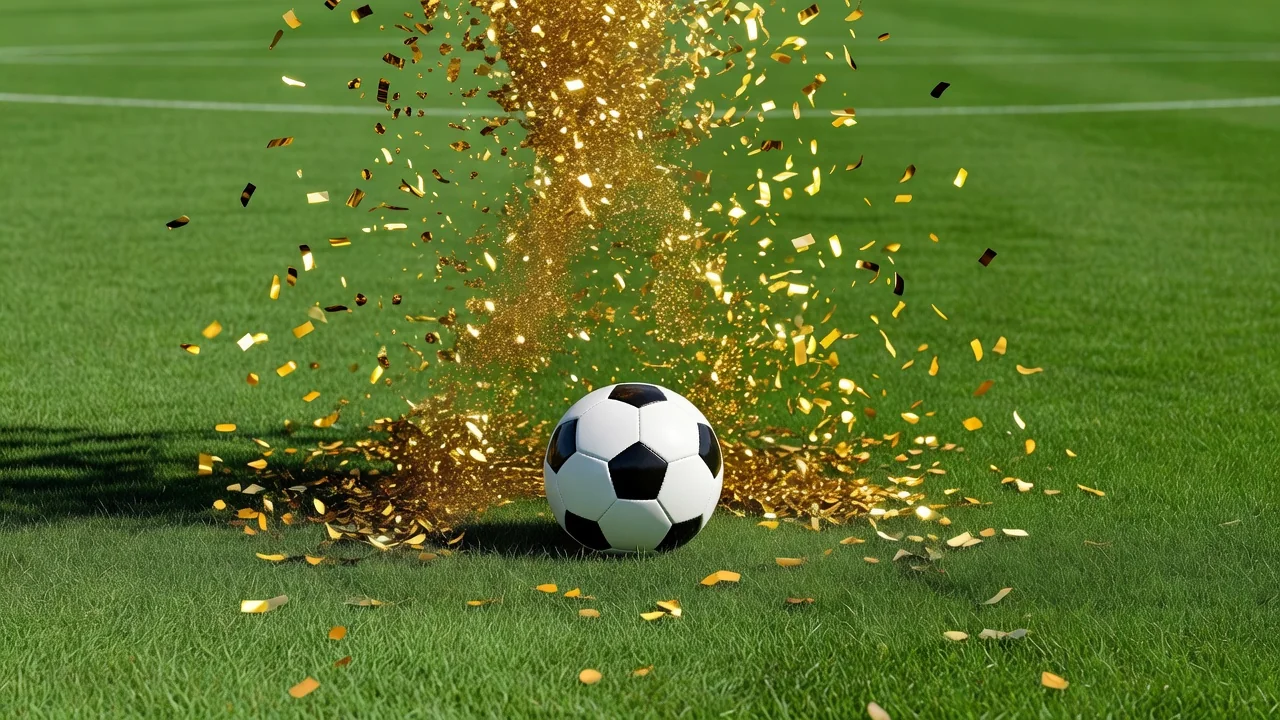 Golden confetti scattered across an empty pitch after a ceremony